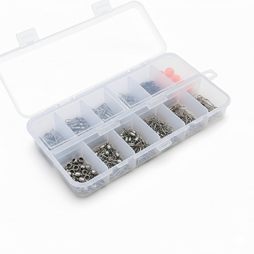 Gavetero de 6 compartimientos con mosquetones, rotores, esmerillones y mostacillas.